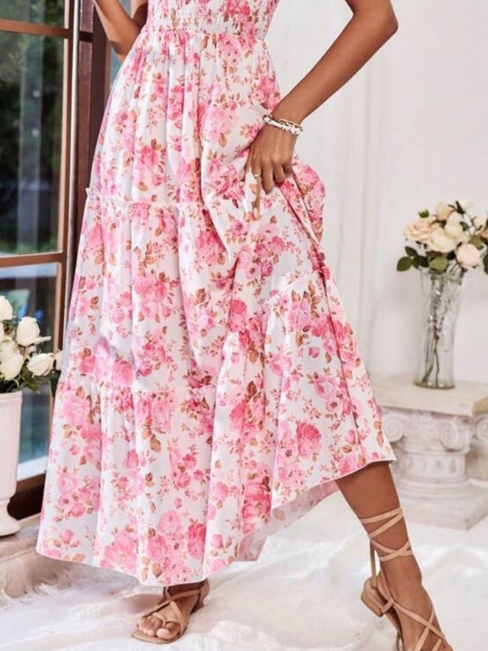 Floral Pink Tiered Sundress with Smocked Bodice - Picture 4 of 5